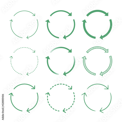 巴型の矢印のセット 回転、段階、プロセス、循環、繰り返し、サイクル - 3段階