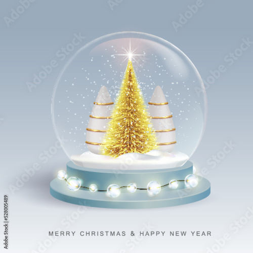 Christmas holiday snow globe with realistic 3D plastic Christmas trees. Merry Christmas and Happy new Year background. Vector illustration