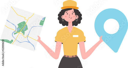 Girl delivery operator with a map in her hands. The character is depicted to the waist. Isolated. Vector.