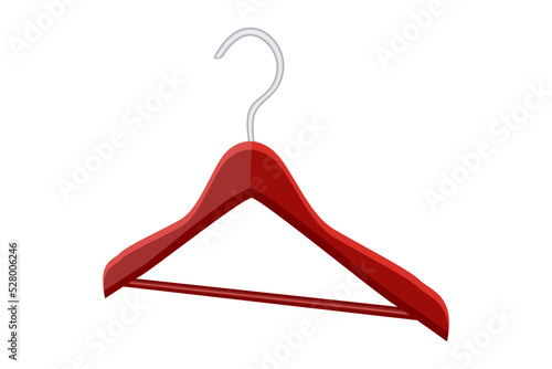 Hanger isolated on white background. Clothes wooden hanger with metal hook.Single empty red hanger.Equipment for clothes storage in closet,laundry,store,wardrobe,boutique,cloakroom.Vector illustration