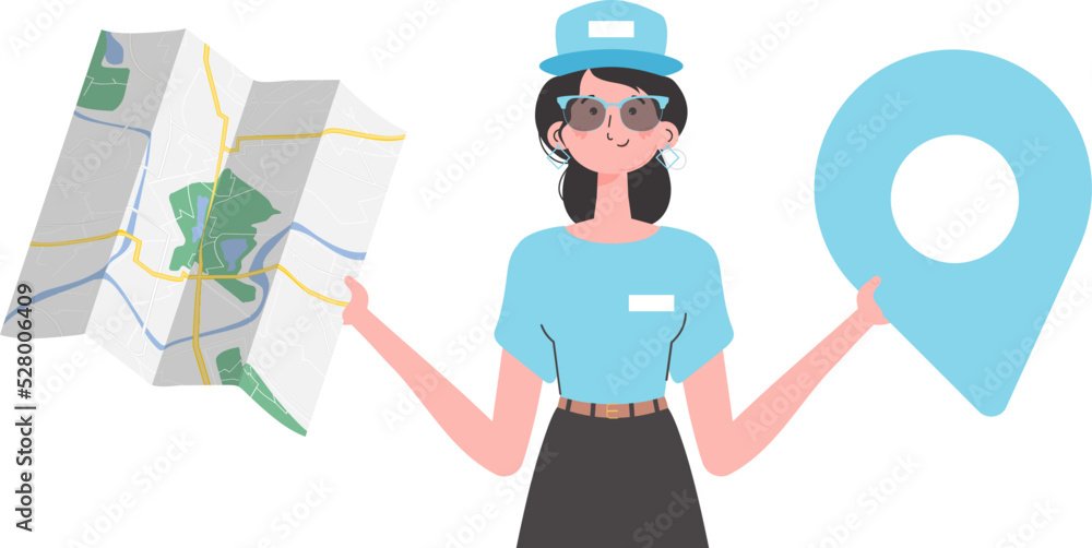 Fototapeta premium The girl is holding a map. The trendy character is depicted to the waist. Isolated. Vector.