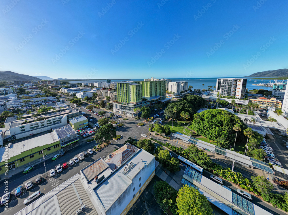 Naklejka premium Aerial panorama of cityscape with ocean and perfect blue sky