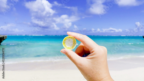 美しい海岸に漂着したペットボトルのふた