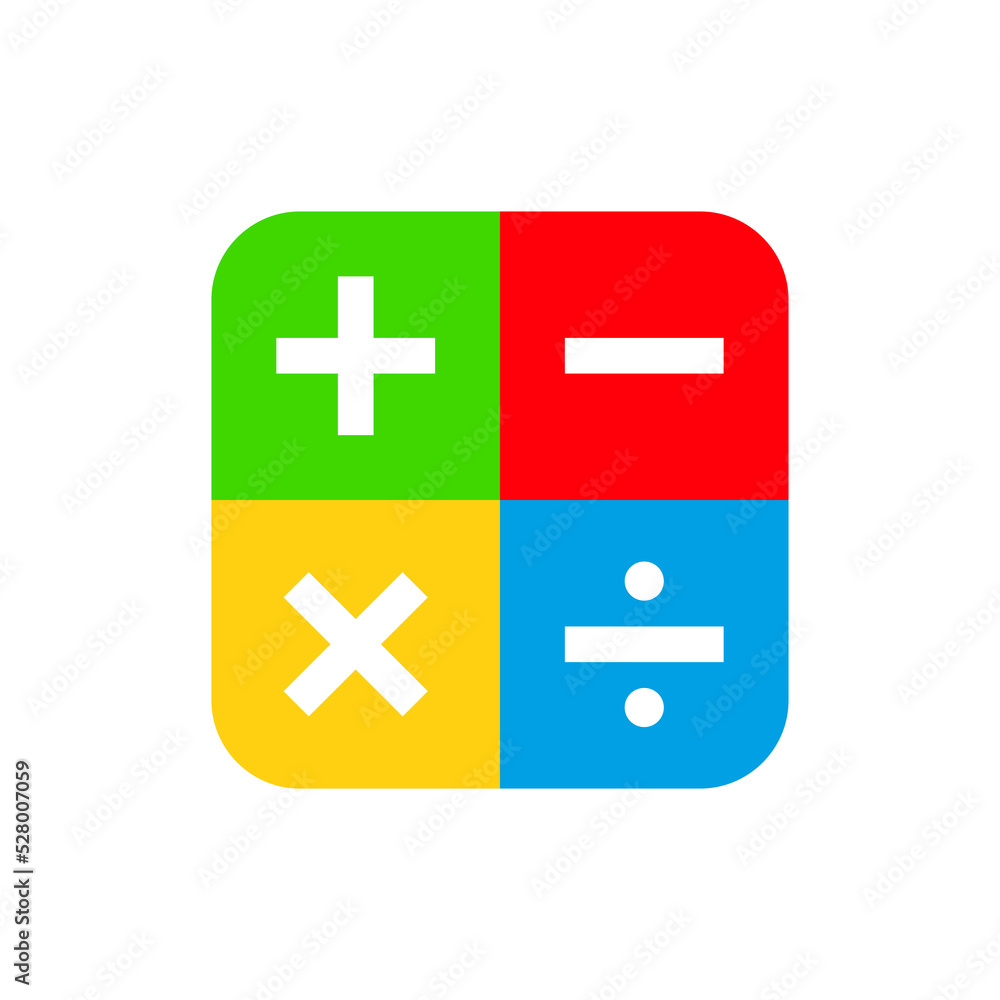 Calculator icon. Set of mathematical symbols: plus, minus, multiplication, division, equals. Isolated raster illustration on a white background. Calculator icon. Set of mathematical symbols: plus, minus, multiplication, division, equals. Isolated raster illustration on a white background.