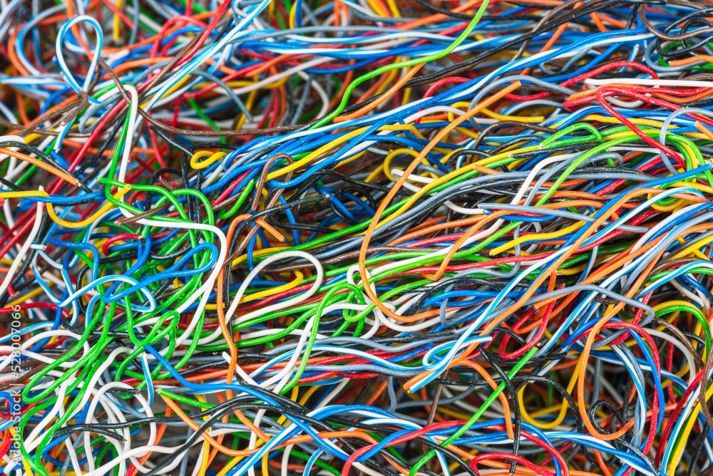 Scrap of multicolored telecommunication electrical cables with white sliding power Scrap of multicolored telecommunication electrical cables with white sliding power