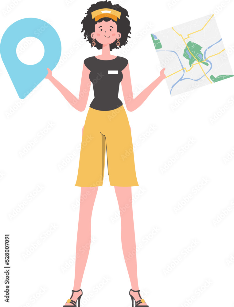 Girl water delivery operator holding a map. The trendy character is depicted in full growth. Isolated. Vector illustration. Girl water delivery operator holding a map. The trendy character is depicted in full growth. Isolated. Vector illustration.