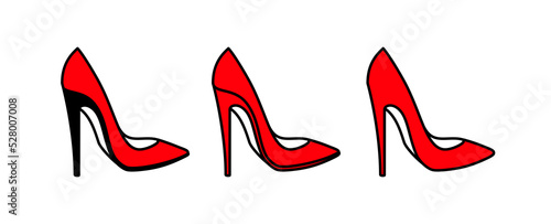 Set of icons red women's shoes with high heels. Female symbol shoes with a heel. Isolated raster illustration on a white background.
