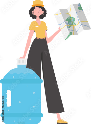Girl water delivery operator holding a map. The character is depicted in full growth. Isolated. Vector illustration.