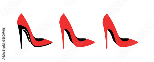 Set of icons red women's shoes with high heels. Female symbol shoes with a heel. Isolated vector illustration on a white background.