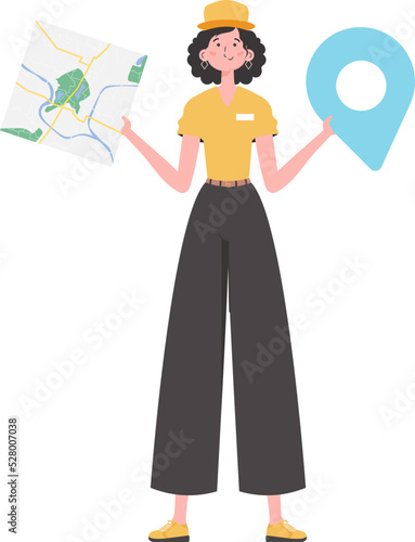 Girl water delivery operator holding a map. The trendy character is depicted in full growth. Isolated on white background. Vector illustration.