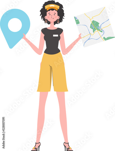 Girl water delivery operator holding a map. The trendy character is depicted in full growth. Isolated. Vector illustration.