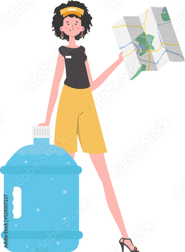 Girl water delivery operator holding a map. Cartoon style character depicted in full growth. Isolated. Vector illustration.