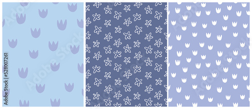 Simple Hand Drawn Irregular Floral Vector Patterns.Freehand Brush Daisy and Tulip Flowers isolated on a Violet, Dark and Light Blue Background.Infantile Style Abstract Garden Print ideal for Fabric.