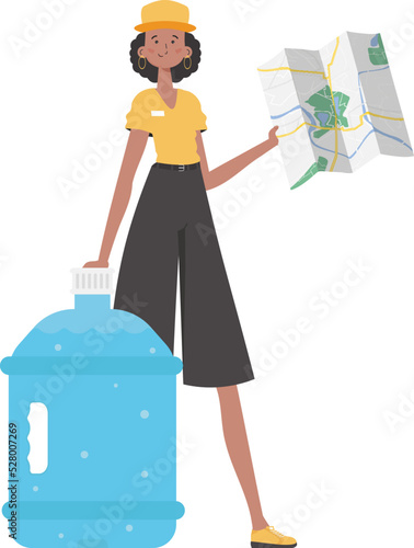 Girl water delivery operator holding a map. Cartoon style character depicted in full growth. Isolated. Vector.