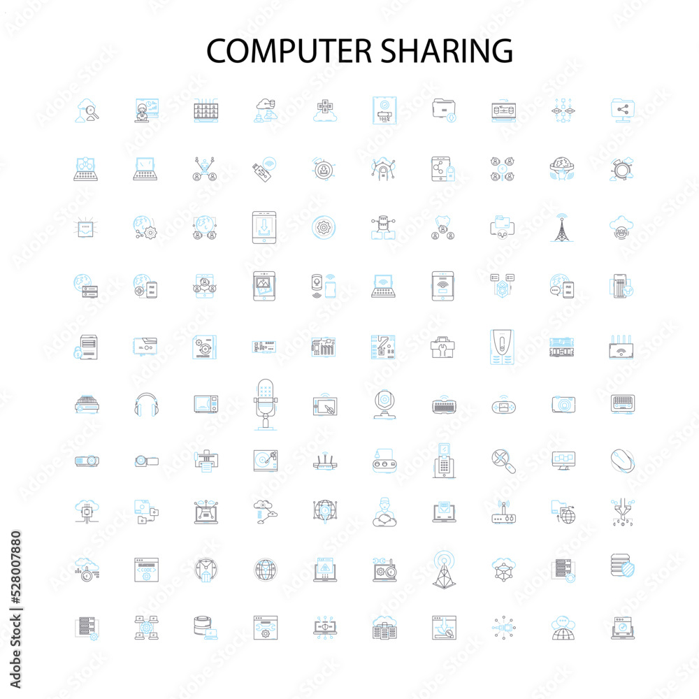 computer sharing icons, signs, outline symbols, concept linear illustration line collection