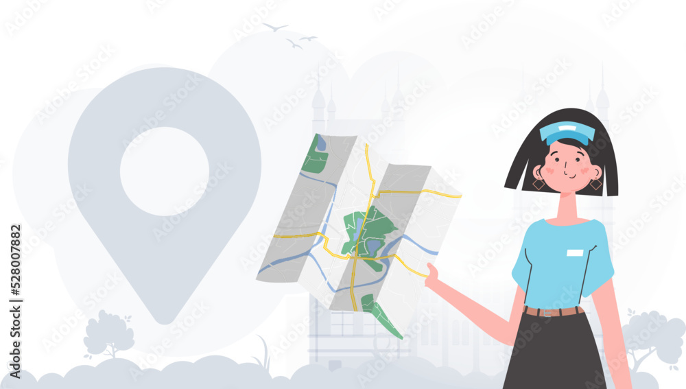 The girl is holding a map. The character is depicted to the waist. Vector illustration. The girl is holding a map. The character is depicted to the waist. Vector illustration.