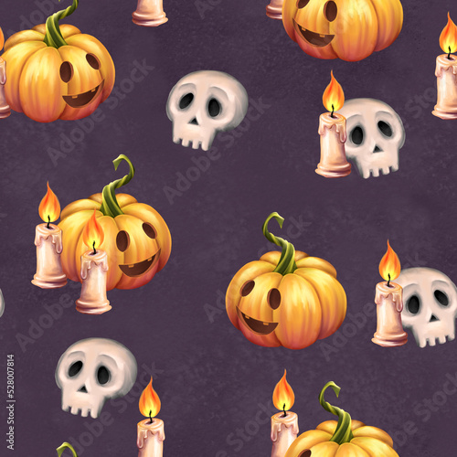 Halloween seamless pattern with pumpkins, skulls and candles.
