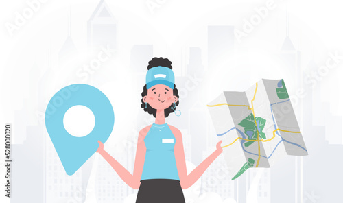 The girl is holding a map. The stylish character is depicted to the waist. Vector illustration.