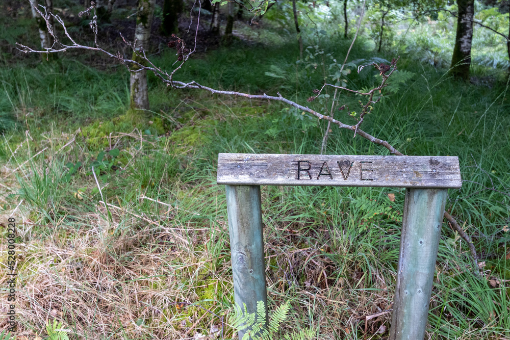 Secret rave. Temporary sign for a party in the woods. Secret rave. Temporary sign for a party in the woods.