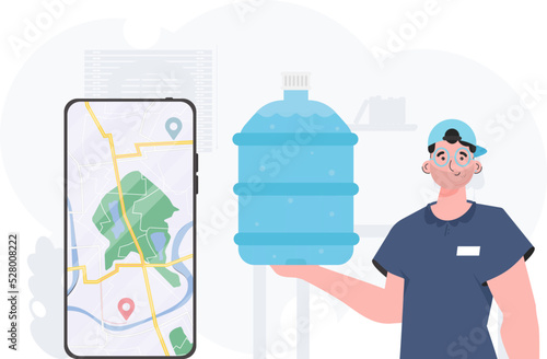 A man is holding a bottle of water. Delivery concept. Cartoon style character is depicted to the waist. Vector illustration.