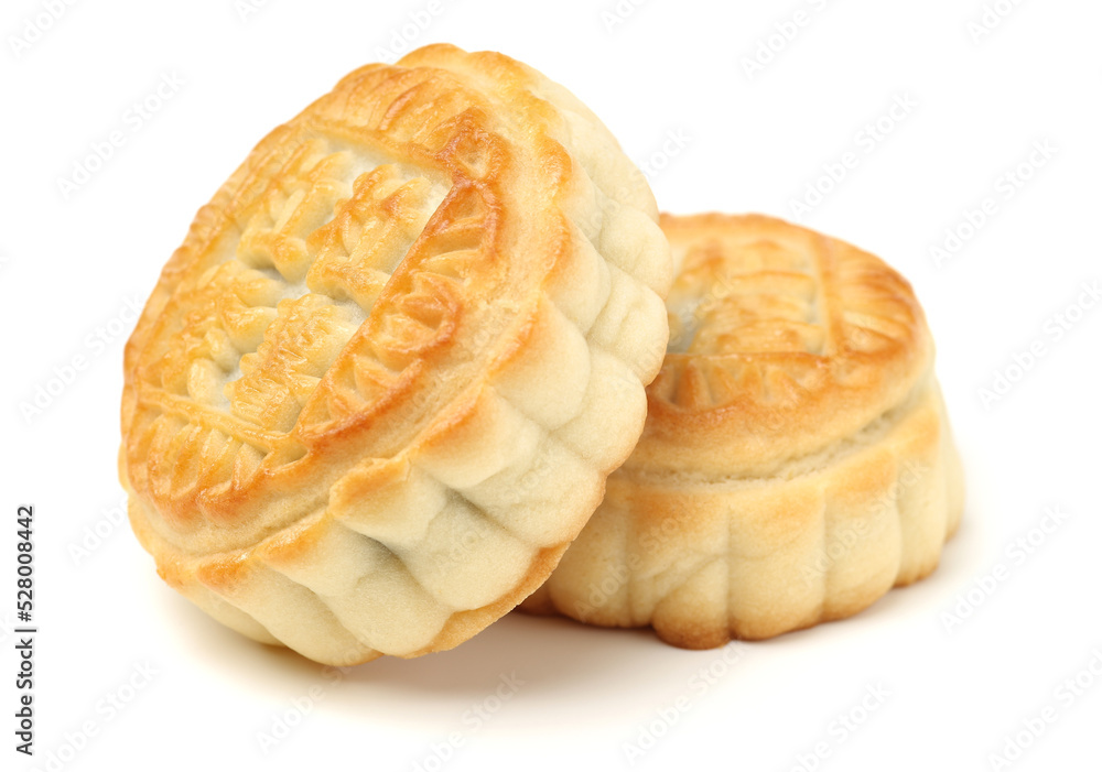 Mid-Autumn Festival moon cake on white background(Non-English texts translation :Five kernels, purple potato, chestnut) Mid-Autumn Festival moon cake on white background(Non-English texts translation :Five kernels, purple potato, chestnut)