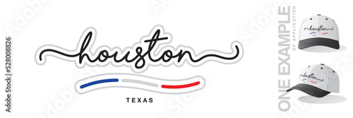 Houston Texas USA, abstract Texas flag ribbon, new modern handwritten typography calligraphic logo icon with example of application
