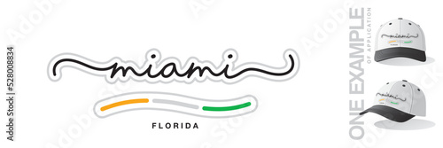 Miami Florida USA, abstract Miami flag ribbon, new modern handwritten typography calligraphic logo icon with example of application