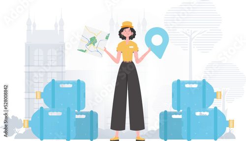 Girl water delivery operator holding a map. The trendy character is depicted in full growth. Vector illustration.