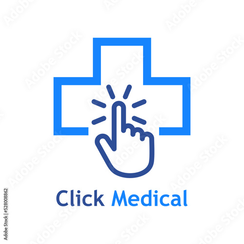 Telemedicina. Logo de médico en línea. Atención médica remota. Silueta de cruz médica con mano como cursor