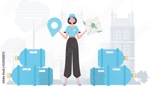 Girl water delivery operator holding a map. The trendy character is depicted in full growth. Vector.