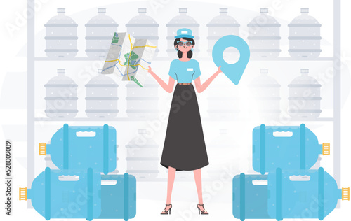 Girl water delivery operator holding a map. Cartoon style character depicted in full growth. Vector illustration.