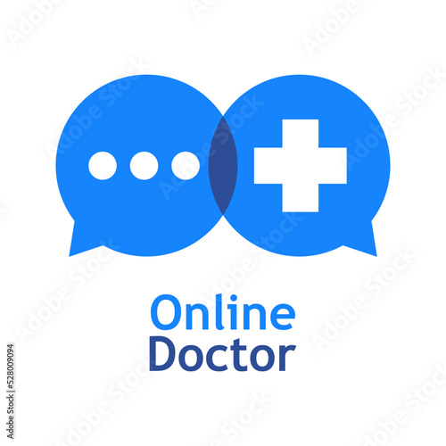 Telemedicina. Logo de médico en línea. Atención médica remota. Silueta de cruz medicina en conversación de 2 burbujas de habla aislada