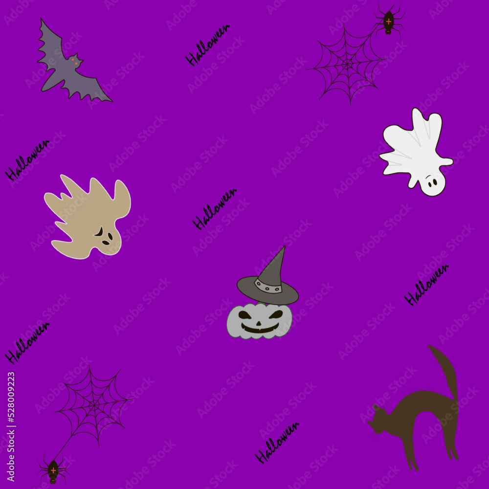 Halloween pattern seamless with pumpkins, spooky ghosts, spiders, cobweb and Halloween text isolated  on purple background. Celebration Concept.  Colored flat vector illustration for printing 