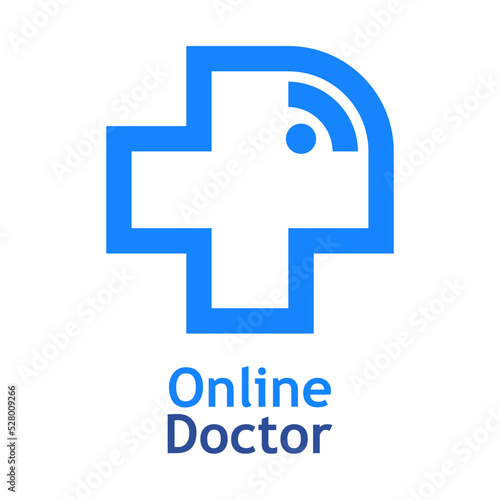 Telemedicina. Logo de médico en línea. Atención médica remota. Silueta de cruz medicina con olas aislada