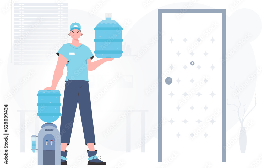 Obraz premium A man is holding a bottle of water. Delivery concept. Cartoon style character depicted in full growth. Vector.