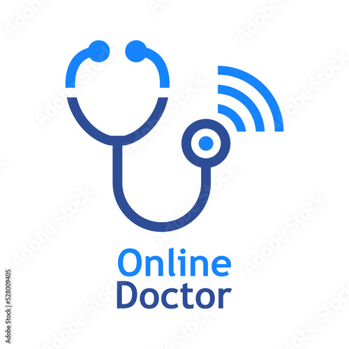 Telemedicina. Logo de médico en línea. Atención médica remota. Silueta de estetoscopio con olas aislada