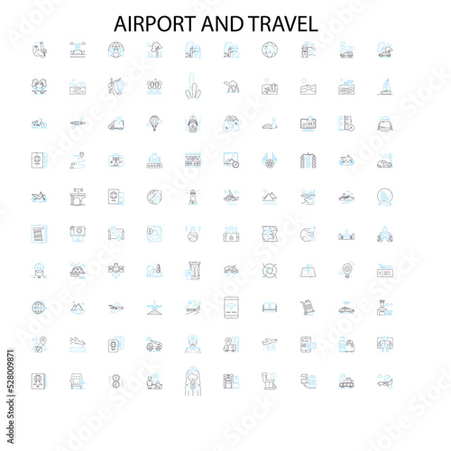 airport and travel icons, signs, outline symbols, concept linear illustration line collection