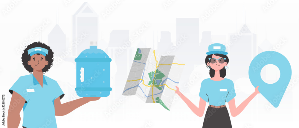 A group of people specializing in the delivery of water. Modern trendy style. Vector illustration.