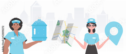 A group of people specializing in the delivery of water. Modern trendy style. Vector illustration.