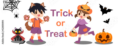 Trick or treat Halloween.Boys and girls in scary costumes. flat vector characters set.