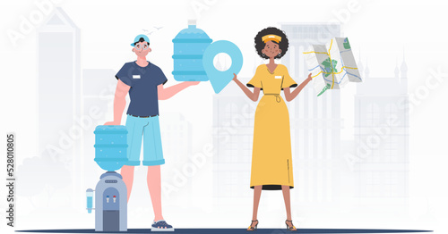 Water Delivery Team. Modern trendy style. Vector illustration.