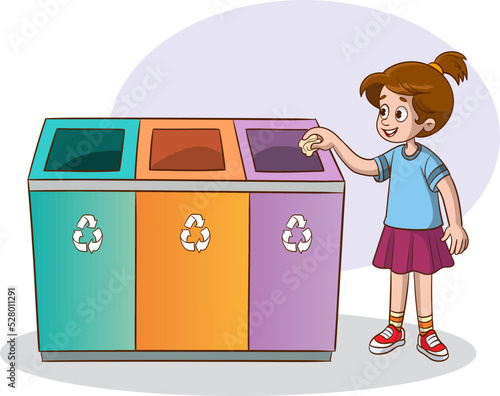 vector illustration of girl throwing garbage in recycle bin