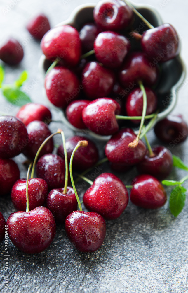 Fresh red cherries fruit in bowl Fresh red cherries fruit in bowl