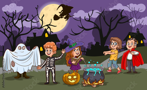 Happy Halloween. Children dressed in Halloween fancy dress to go Trick or Treating.vector illustration.