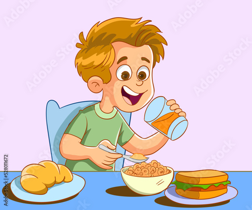 Cute smiling boy having breakfast in the kitchen, colorful character vector Illustration