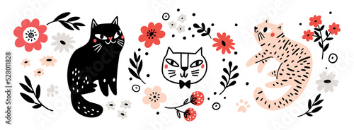 Cute cats and flowers collection. Funny kitty set in hand drawn style. Black cat, pet portrait isolated on white background