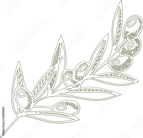 Stylized branch with olives, berries in line art style. Vector illustration for coloring books, labels of olive oil, pickled olives