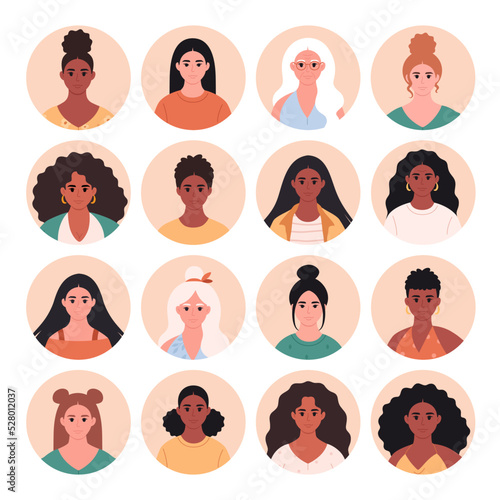 Women avatar set. Women of different age, races, appearance. Multicultural society. Social diversity of people in modern society. Hand drawn vector illustration