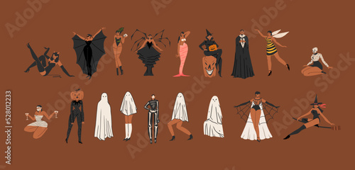 Hand drawn abstract vector graphic clipart illustrations,Halloween holiday costume party adult people characters collection set.Creepy Halloween design poster concept.Happy Halloween contemporary art.