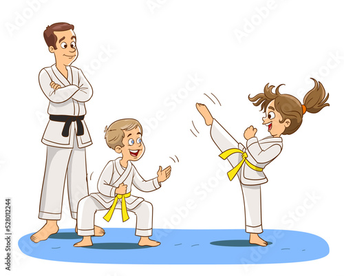 Cartoon kids training martial arts in kimono uniform. Karate or taekwondo character illustration.
